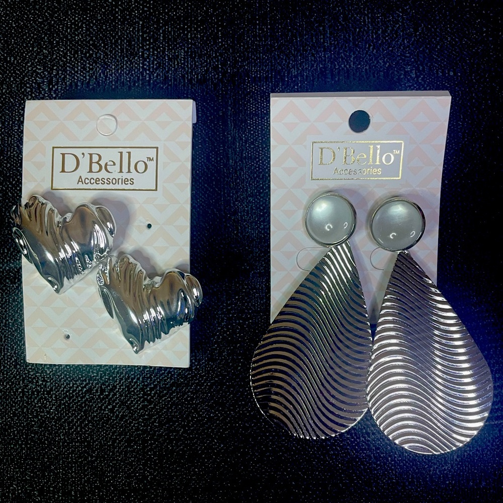 Two Sets Silver Statement Earrings - Teardrop w/Faux Opal and Hearts Pierced NWT